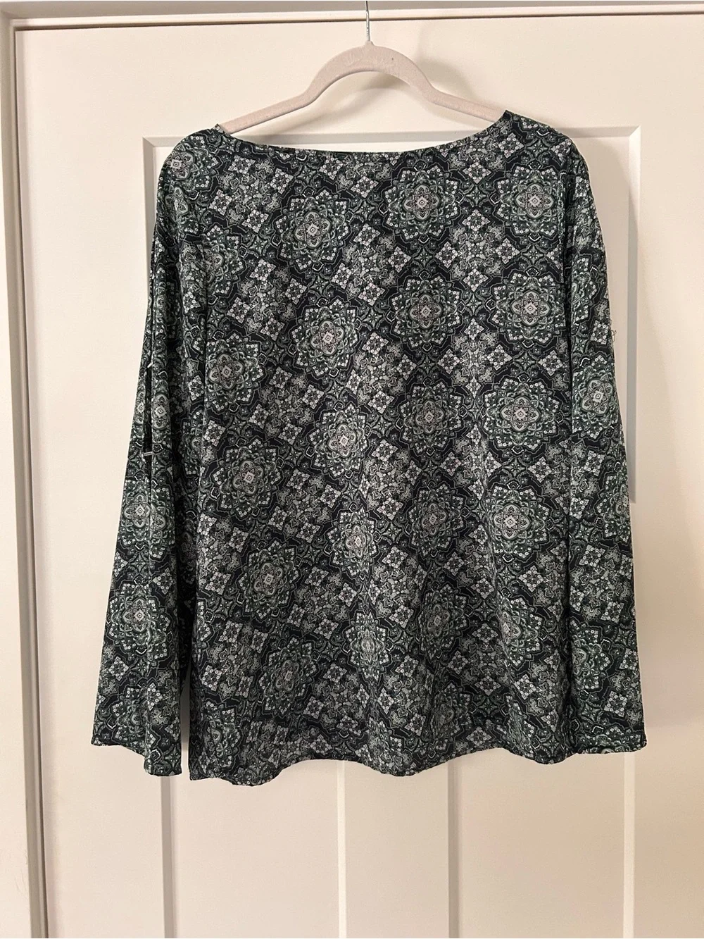 Michael Kors Black and Teal Medallion Long Sleeve Blouse with open sleeves